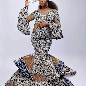African print maternity dress, pregnancy photoshoot outfit, African maternity dress, African mermaiddress, Ankara dress, Ankara mermaid gown image 1