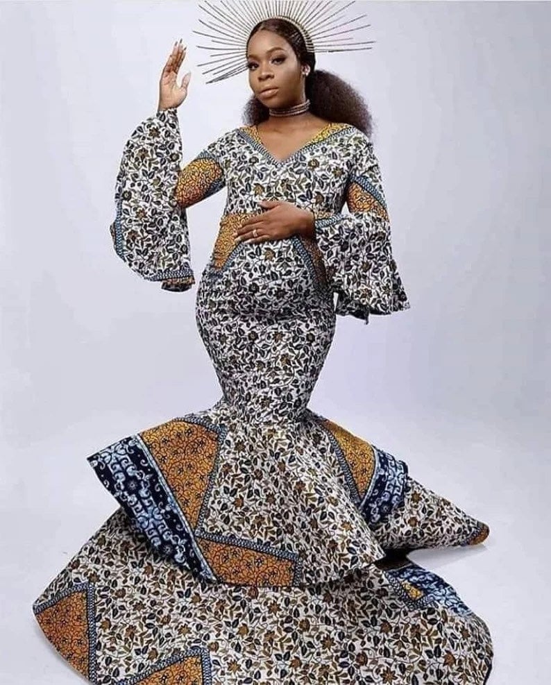 African print maternity dress, pregnancy photoshoot outfit, African maternity dress, African mermaiddress, Ankara dress, Ankara mermaid gown image 1