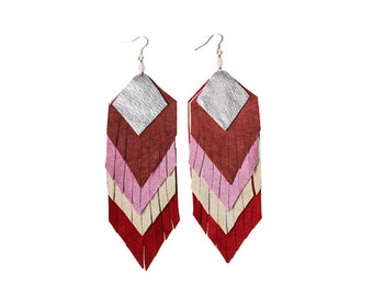 Handmade fringe earrings in recycled leather, tassel earrings, tassel earrings, boho, hippie style,statment earring,native American