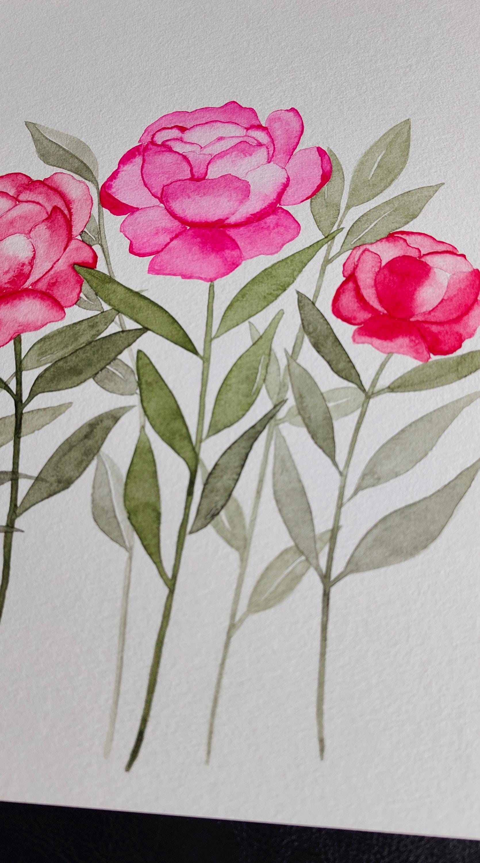オリジナル水彩画のバラ - A4サイズのピンクの花、ユニークな花柄 