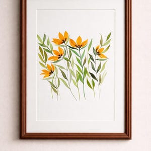 オリジナルの黄色い花の水彩画 - ユニークな花のデザイン、繊細な植物アート、温かみのある室内装飾