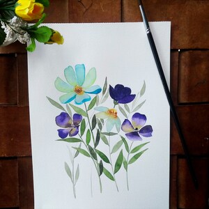 Acuarela original: flores violetas tamaño A4, delicado diseño floral