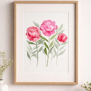 オリジナル水彩画のバラ - A4サイズのピンクの花、ユニークな花柄デザイン、繊細なホームデコレーション