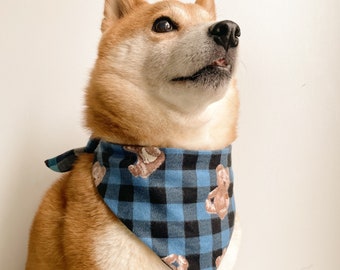 Blue Teddy Bear Tartan Reversible Pet Bandana. Cat Bandana. Dog Bandana.