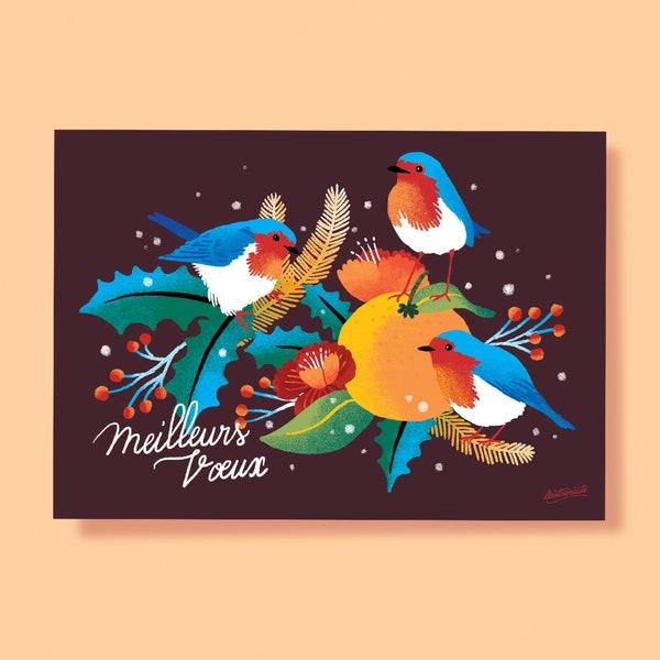 Carte de voeux, Carte oiseaux illustration, meilleurs voeux, carte nouvelle année, bonne année, carte de Noël