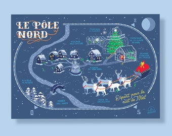 North Pole Christmas Card, illustrated map, Merry Christmas