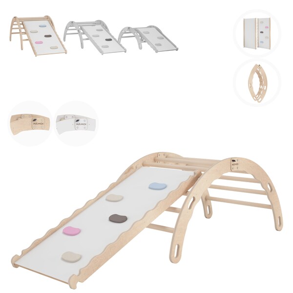 MAMOI® Indoor climbing frame for toddlers, Wooden baby gym with slide, Play gym rocker toys made of wood for toddler, Rockers montessori