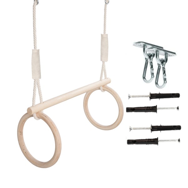 MAMOI ® Trapeze swing rings 2 in 1 multifunctional with wooden trapezoidal rings for hanging up to 50 kg, + Metal Hook | CE | 100% ECO