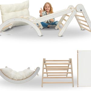 MAMOI® Estructura de escalada Triángulo de escalada Interior 4 en 1 SET. Arco de escalada Montessori con cojines, zona de juegos interior y tobogán para niños