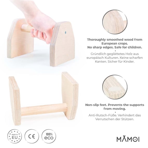 MAMOI® Wooden Parallettes Paralettes for Gymnastics Wooden Push up Handles  Push up Bars CE 100% Eco Made in EU 