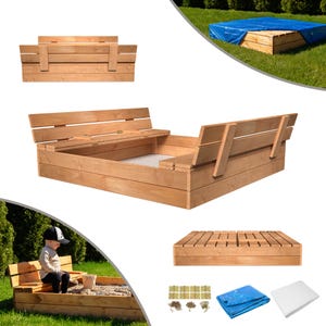 MAMOI Sandkasten mit Deckel 120x120 Sandbox Imprägniert Sandkiste mit Sitzbänken Holz Spielzeug Abdeckung Sitzbänken 150x150