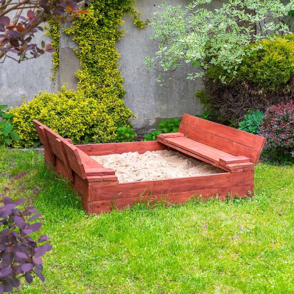 MAMOI Sandbox Imprägniert Sandkiste mit Sitzbänken Holz Spielzeug Abdeckung Sitzbänken 150x150 Sandkasten mit Deckel 120x120