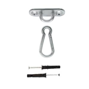 May include: A stainless steel swing hanging kit, comprising a ceiling mount with two holes, a carabiner-style hook, and two screws with anchors. The components are designed for secure installation, shown against a white background.