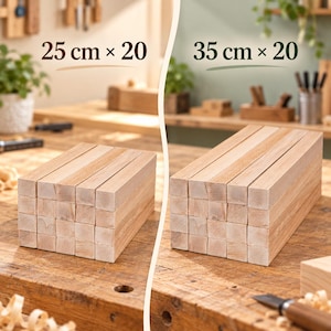 Może przedstawiać: Dwa stosy jasnych drewnianych klocków ułożonych w kratkę. Lewy stos oznaczony jest jako 25 cm x 20, a prawy jako 35 cm x 20. Klocki są prostokątne, gładkie i mają naturalną fakturę słojów drewna.