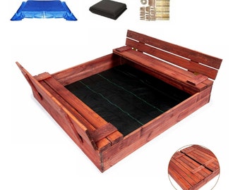 MAMOI Sandkasten with Deckel 120x120 Sandbox Imprägniert Sandkiste with Sitzbänken Holz Spielzeug Abdeckung Sitzbänken 150x150
