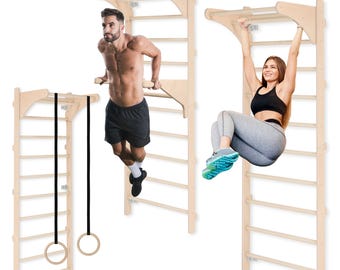 May include: Wooden wall-mounted exercise equipment with a ladder, pull-up bar, and dip bars. A person is using the dip bars, and another is hanging from the pull-up bar. Gymnastic rings are also included.