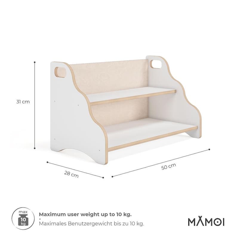 May include: A white and light wood two-tier shelf with side handles, measuring 31 cm in height, 50 cm in width, and 28 cm in depth. The unit features a maximum user weight capacity of 10 kg and includes the brand name MAMOI printed on the bottom right.