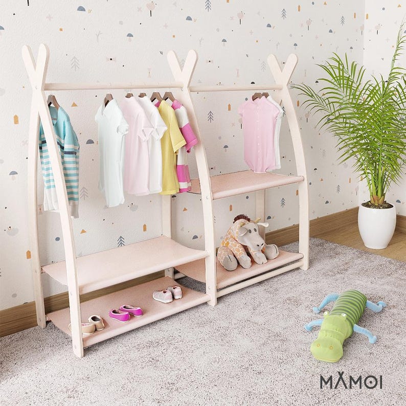 MAMOI® Dressing up rail for kids made of natural wood, Baby accessories, Children clothes rail, Baby wardrobe clothes storage modern design image 1