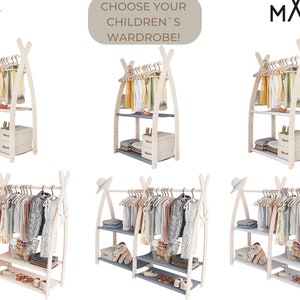 May include: A wooden clothing rack with two shelves and a hanging bar. The rack is shaped like a teepee and is available in three different color combinations: white and pink, white and gray, and white and blue. The rack is decorated with clothing, shoes, and toys.
