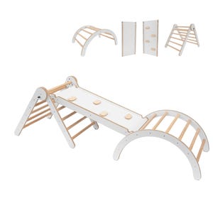 MAMOI® Set Klettergerüst indoor, Kletterdreieck mit rutsche aus holz, Kletterbogen, Baby kinder klettern, Regenbogenwippe mit Rutschbrett
