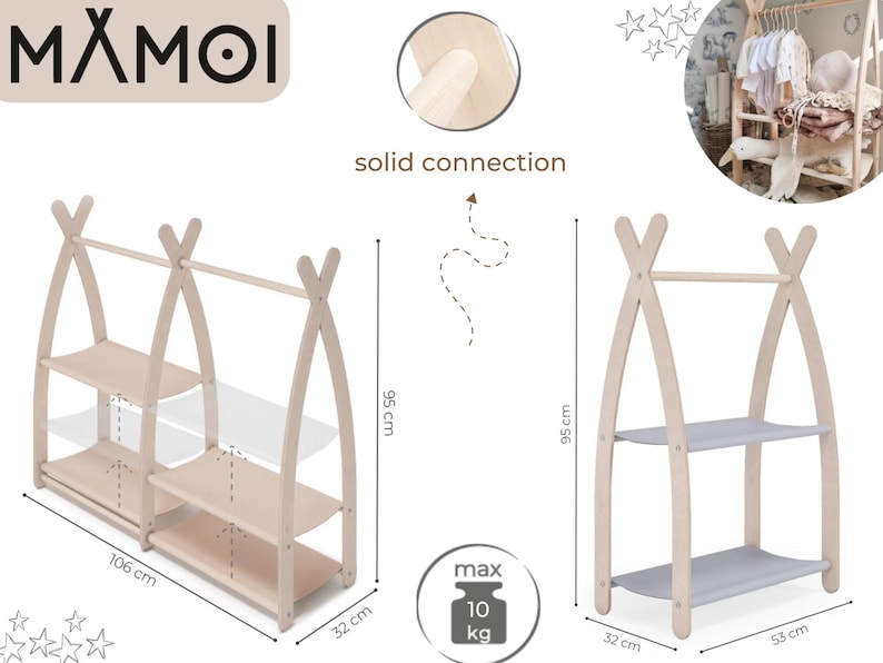 MAMOI® Dressing up rail for kids made of natural wood, Baby accessories, Children clothes rail, Baby wardrobe clothes storage modern design image 9