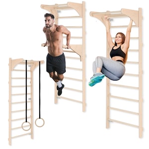 Aan de muur gemonteerde gymnastiekstang met optrekstang | Fitnessapparatuur voor training met grijp- en dipstang | Gymnastiekladder met gymnastiekringen