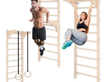 Barre de gymnastique murale avec barre de traction | Équipement de fitness pour l'entraînement avec barre de traction et barre de dips | Échelle de gymnastique avec anneaux de gymnastique
