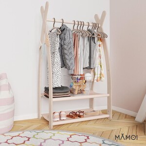 MAMOI® Dressing up rail for kids made of natural wood, Baby accessories, Children clothes rail, Baby wardrobe clothes storage modern design image 6