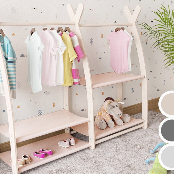 MAMOI® Tringle à vêtements pour enfants en bois naturel, Accessoires pour bébé, Tringle à vêtements pour enfants, Garde-robe pour bébé, rangement pour vêtements, design moderne