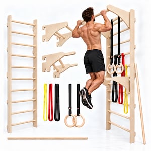 May include: A light-coloured wooden wall-mounted exercise ladder system featuring a pull-up bar, detachable wooden brackets, gymnastic rings with black straps, and multiple resistance bands in yellow, red, and black colours for strength training.