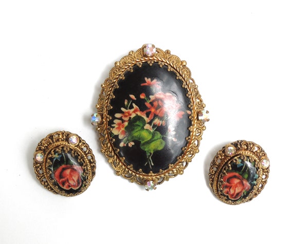 West Germany Black Rose Jewelry Set Etsy