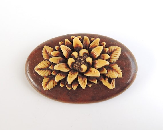 Celluloid & Wood Floral Brooch - image 1