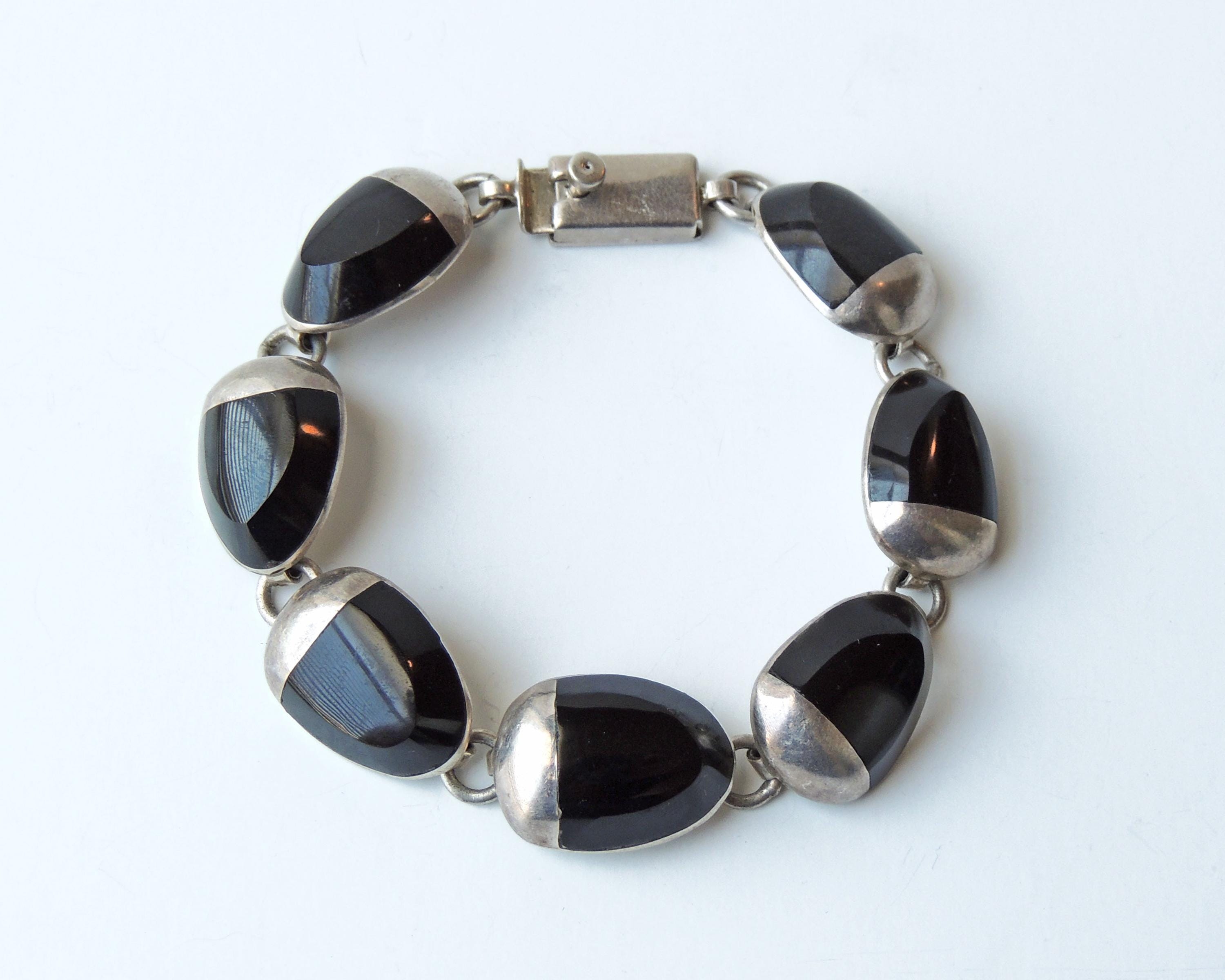 アクセサリー 80s Mexico black onyx bangle silver 925 Mexico Sterling Silver Carved Black Onyx Bracelet ~ 7-1/4