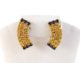 Black & Yellow Rhinestone Clip On Earrings