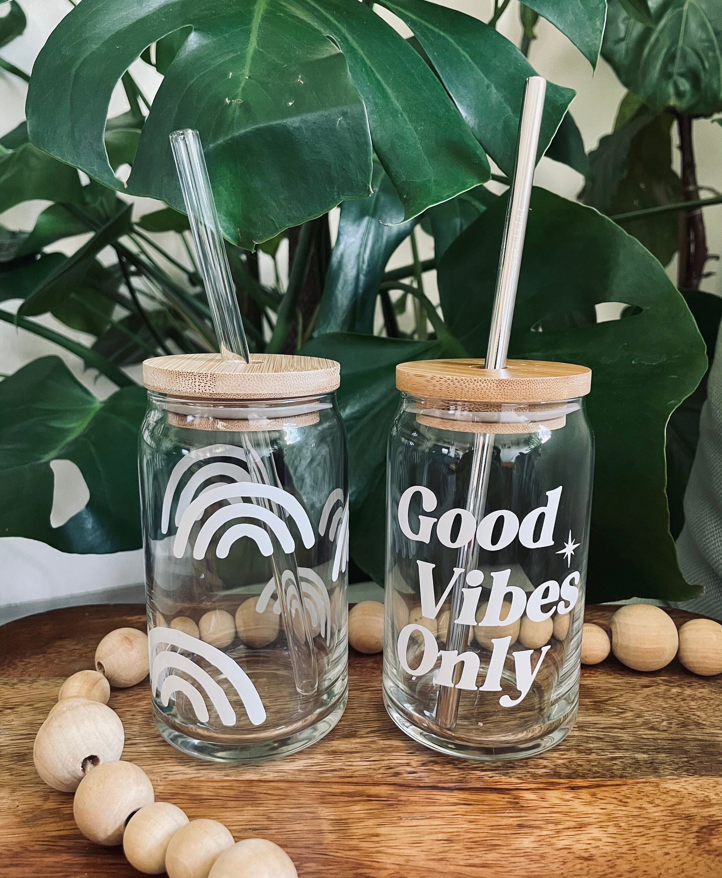 Rainbow Good Vibes glass can bamboo lid and straw Etsy