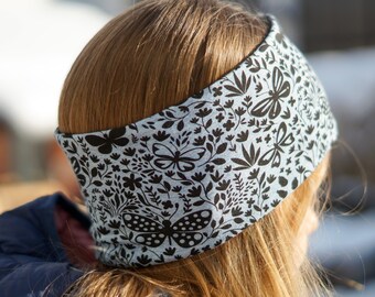 Leichtes Kinder-Stirnband Bienen und Schmetterlinge – Sommer-Haarband aus Baumwolljersey für Mädchen, grau, hellblau