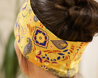 Stirnband Damen Paisley mit Fleece gefüttert – warmer Winter-Ohrenwärmer aus Baumwolljersey, gelb, bordeaux, apricot, creme