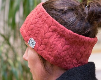 Stirnband Damen Zopfmuster rot aus Baumwoll-Rippjersey – elastisches Haarband & Sportband, ganzjährig, handgenäht