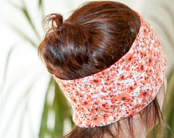 Fleece-Stirnband Damen koralle und senfgelb – warmes Winter-Haarband aus Baumwolljersey, Blümchen, Dreiecke, Ohrenwärmer