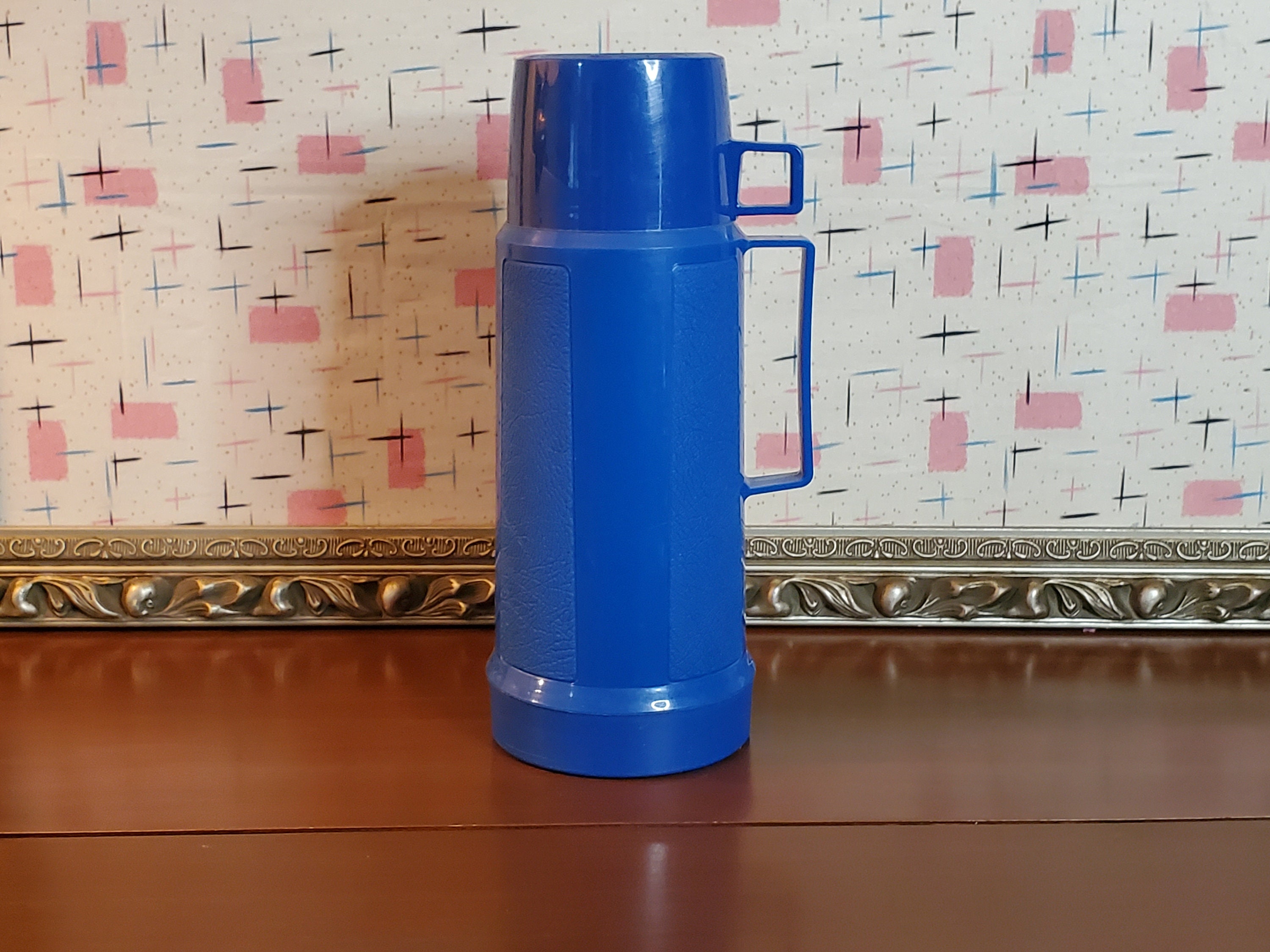 Vintage Universal Blue Vacuum Bottle Glass Lined Thermos with Cork Stopper