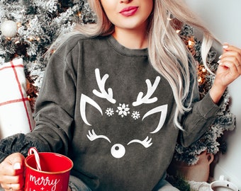 Sudadera de reno Comfort Colors®, camisa de Papá Noel, sudadera navideña para ella/él, suéter navideño vintage, cuello redondo navideño