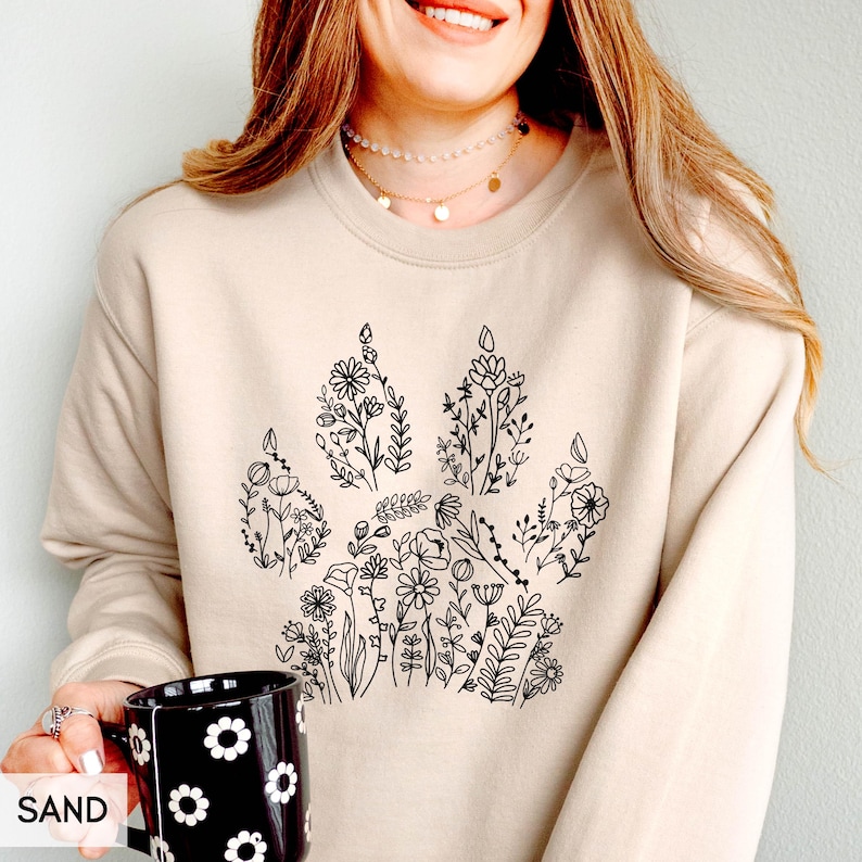 Sweatshirt with Dog paw, Dog Mama Crewneck, Floral Dog Lover Shirt, Mom of Dogs, Dog Mom Gift, Gift for Dog Lover,Better with Dogs,Paw print image 4