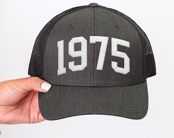 Custom Birthday ANY Year Embroidered Trucker Hat, Mesh back Mens Baseball Cap, Parents Grandparents