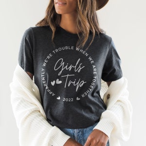 Girls Trip Shirt, Matching Vacation Shirt, Girls Weekend Shirt, Trouble When Together, Cheaper than Therapy, Besties Weekend Trip 2024 Dark Grey Heather