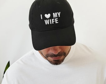 I Love my Wife, Embroidered Mens Fit Baseball Cap, Valentine Husband Retro Heart Hat