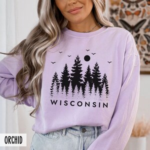 Puede incluir: Una camiseta de manga larga lavanda con un gr&aacute;fico negro de una silueta de bosque y la palabra "WISCONSIN".