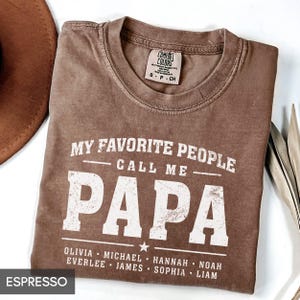 A brown t-shirt with a humorous text printed on it, which reads "MY FAVORITE PEOPLE CALL ME PAPA" and lists the names of people who are considered "Papa" in the text.