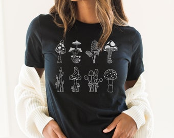 Variedades de camisetas de setas, Camiseta de naturaleza para senderismo y acampada, Camiseta para amantes de las setas del bosque al aire libre, Seta mágica botánica Cottagecore