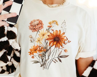 Comfort Colors® Cottagecore Fall Shirt, Boho Flowers Shirt, Vintage theme Autumn tshirt, Thanksgiving Shirt, Autumn Leaves & Flowers tshirt