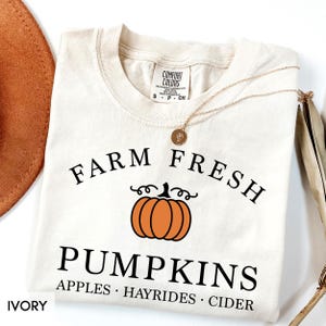 May include: Ivory-colored t-shirt with the words "FARM FRESH PUMPKINS" in black, featuring an orange pumpkin graphic. The shirt also lists "APPLES, HAYRIDES, CIDER" below. A gold necklace with a pendant is draped across the shirt.